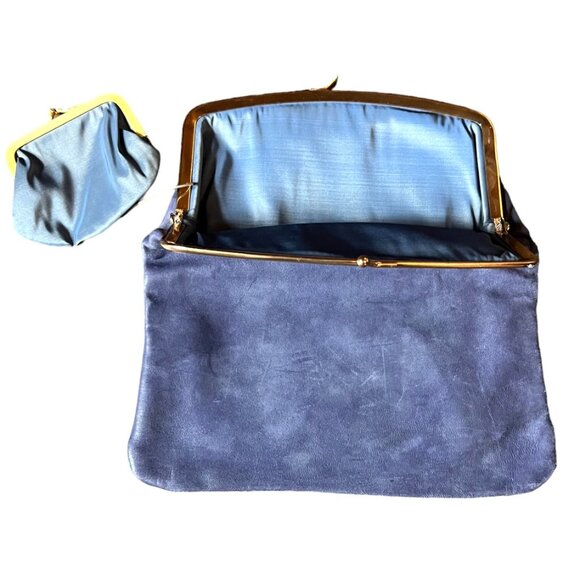 Vtg 1950s Budd Leather Blue Foldover Clutch w/Kiss Clasp & Attached Change Purse - Picture 5 of 10